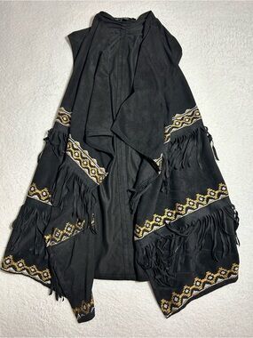 Black Fringe Embroidered Long Vest with Gold Accent - Women's